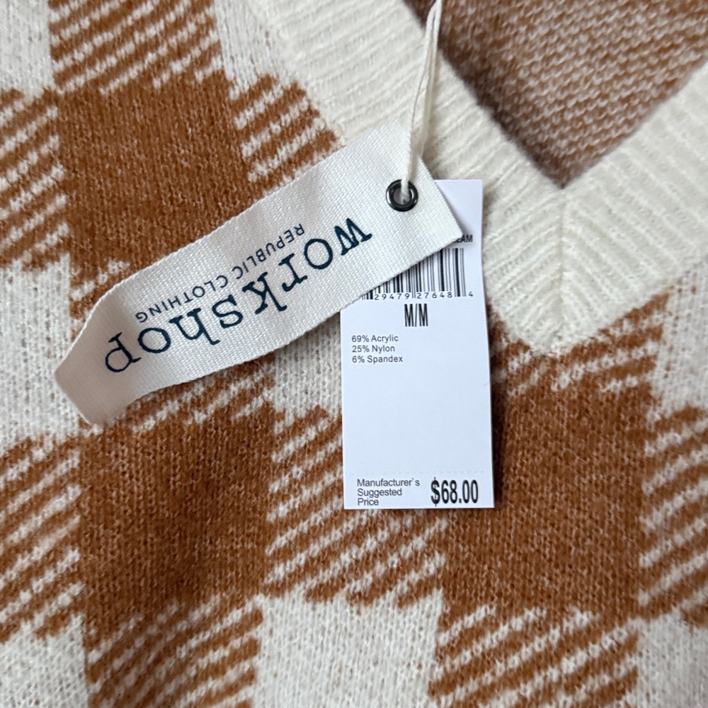 Workshop V-Neck Checkered Sweater - Carmel Brown & Cream Ret $68 Sz M Soft - Picture 2 of 6